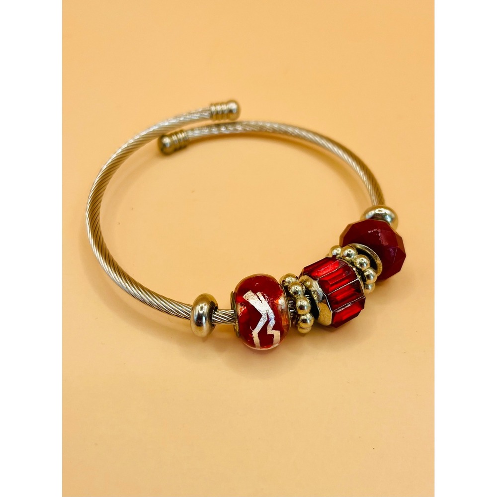 Silver Tone Twisted Cable Wire Bypass Bangle Bracelet with Red Glass Charms